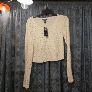 Women's Cream Floral Long Sleeve Top Cropped